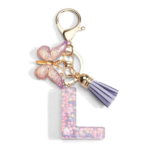 Gallkeat Schlüsselanhänger mit Buchstabe, Schmetterling Anhänger, Quaste Pailletten Frauen Schlüsselanhänger Geschenk, Mädchen Geburtstagsgeschenk, Lila