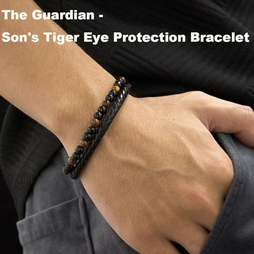 The Guardian - Son's Tiger Eye Protection Bracelet, To My Son Leather Black Beaded Bracelet Calming Anxiety Handmade Cuff Bracelets Birthday Weave Gift Jewelry4