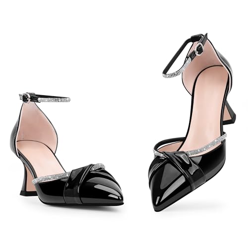 Women's Kitten Heel Rhinestone Ankle Strap Pumps Pointed Toe Sexy Dress Shoes4