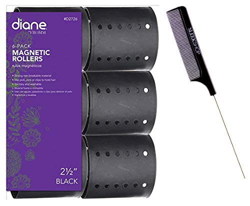 Diane by FROMM Magnetic Rollers, Original or Snap-On Hair Perm Rollers (w/Sleek Comb) Hold & Lock Curls, Professional Quality (BLACK - 2 1/2" (6 Pack))