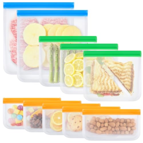 Ninsula 10 Pack Reusable Sandwich Bags, Dishwasher Safe Food Storage Bags, Leakproof Freezer Bags for Marinate Meats, Travel, Lunch, 2 Gallon 3 Sandwich 5 Snack