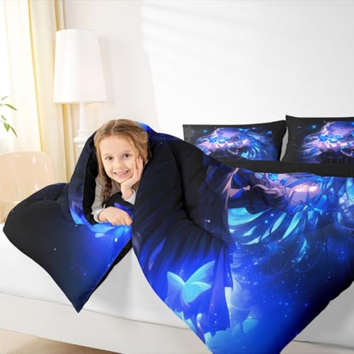 Image of Erosebridal 3D Japanese Girl Kids Comforter Set | Blue Butterfly Decorations Bedding King,Cartoon Down Comforter Anime Gifts for Her Duvet Set for Bedroom