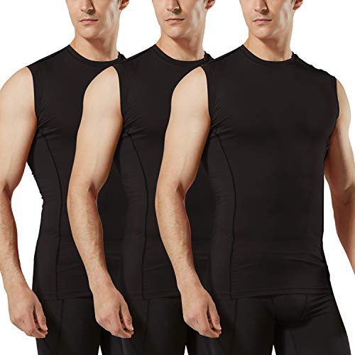 TSLA Men's Sleeveless Workout Shirts, Dry Fit Running Compression Cutoff Shirts, Athletic Training Tank Top, Active 3pack Sleevless Black/Black/Black, XX-Large