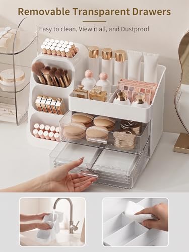 Image of Booklov Makeup Organizer for Vanity, Large Capacity Cosmetic Display Case with Clear Acrylic Drawer, Countertop Beauty Storage Holder for Skincare, Brush Eyeshadow Lipstick Counter Desk, Crystal White