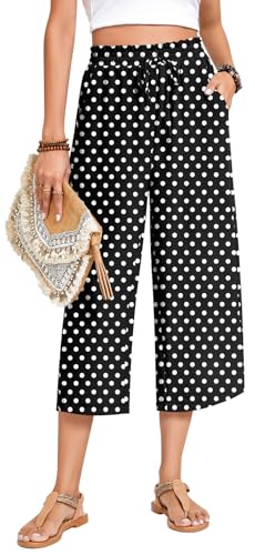 Image of Anyhold Women's Capri Pants Drawstring Casual Palazzo Trousers with Pockets Loose High Waisted Wide Leg Lounge Pants