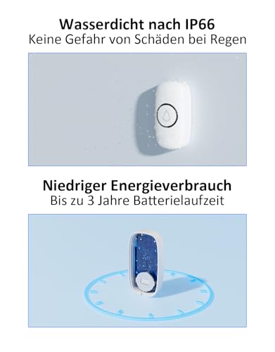 SECRUI Funkklingel Aussen Wasserdicht, IP66 Klingel Haustür, Türklingel 400M, 1 Türklingel-Empfänger & 2 Sender mit Batterien, 58 Melodien 0-120dB Einstellbare Lautstärke, LED-Farbindikator