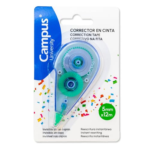 Campus – Cinta Correctora Blanca, 5 mm x 12 m, Blister de Corrector en Cinta Reciclable, Corrector de Escritura para Bolígrafos de Secado Instantáneo, Corrector Escolar (Blíster 1ud)