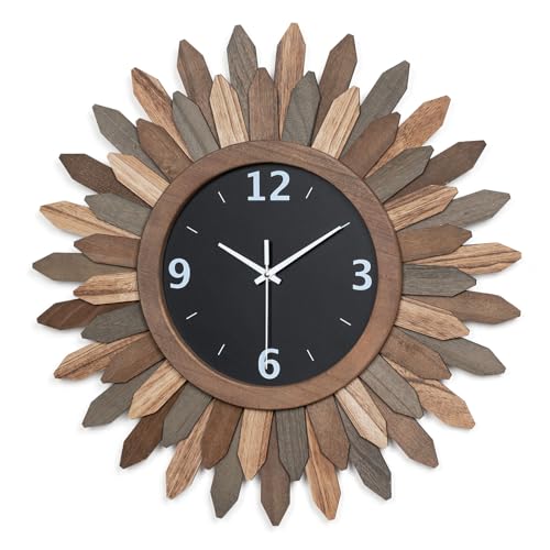 Honiway Large Wall Clock Battery Operated 21 in Rustic Wood Boho Sunburst Decorative Wall Clock Silent Non Ticking Farmhouse Wall Clocks for Living Room Bedroom Kitchen Bathroom Decor (Tricolor)