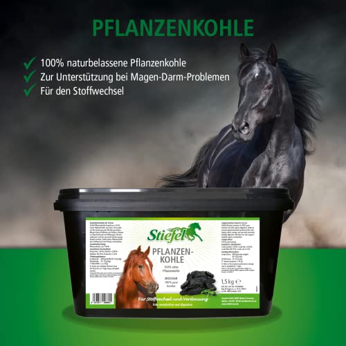 Stiefel Pflanzenkohle für Pferde, 100% Reine Pflanzenkohle zur Unterstützung des Magen-Darm-Trakts, für den Stoffwechsel, 1,5kg