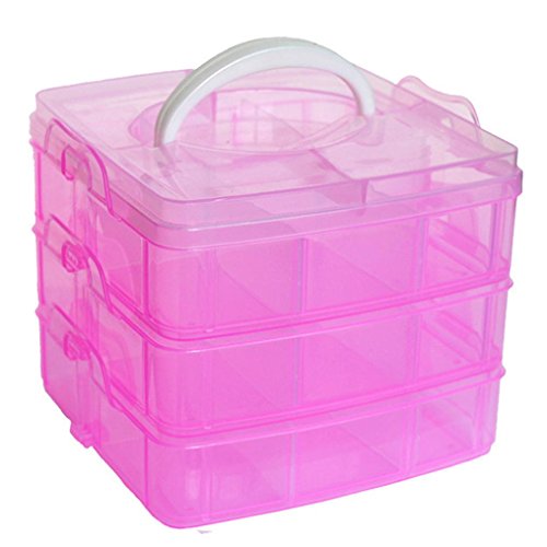 DZT1968® Clear Plastic Craft Beads Jewellery Storage Organizer Tool Box Case (Hot Pink)