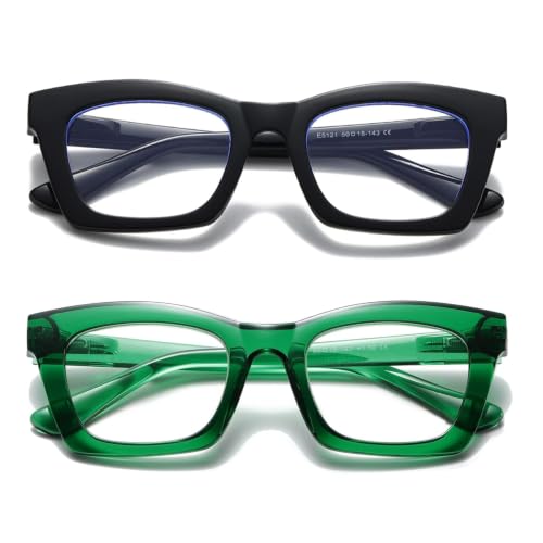 Hubeye Gafas de lectura para Mujeres de Moda Anteojos de lectura con Bisagra de resorte ultraligeras anti luz azul (Negro+Verde, 2.00)