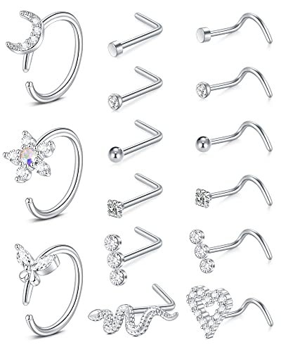 Mayhoop 18G Piercing Nez Anneaux Piercing de Nez pour Acier Chirurgical Piercing pour le NezArgent Nostril Piercing Nez Piercing bijoux pour Femmes Hommes 15Pcs