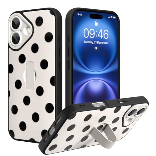SOKAD for iPhone 16 Case with Finger Strap Kickstand, White Polka Dots