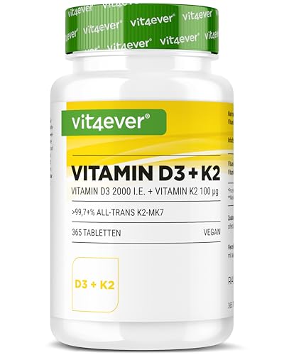 vit4ever Vitamina D3 + K2-365 comprimidos - 99,7% MK-7 totalmente trans y 2000 UI de vitamina D3 - Materia prima de primera calidad_ RAW D3® - alta dosis, biodisponibilidad óptima, vegano
