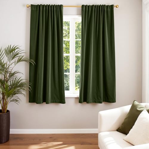 Image of Moss Earthy Curtains Luxury Rod Pocket 52x63 Inch 2 Panels | Soft Velvet, Light Filtering, For Small Windows, Kitchens & Bathrooms, Light Shifting Texture, Elegant Drape, Calm