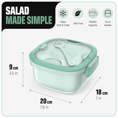 Image of Salad Container with Ice Pack & Handle, 6.8 Cup / 1600ml Large Portable Salad Bowl Lunch Box with Lid, Fork Holder & Sauce Cup, 4-Compartment Removable Tray Meal Prep Bento Box, Green
