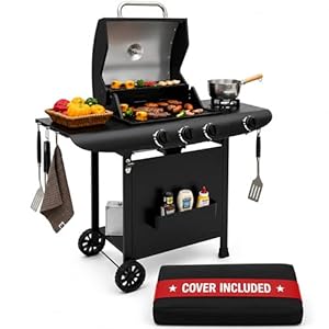 Gas Grill BBQ 3 Burner with Cover, Lid and Side Burner, 48 x 42cm Cooking Surface - Ideal for Outdoor Cooking