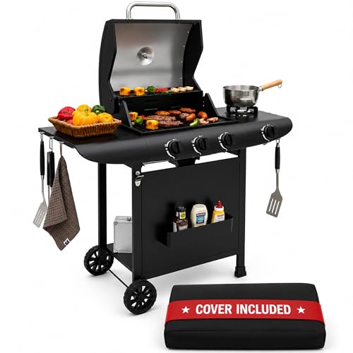 Gas Grill BBQ 3 Burner with Cover Lid and Side Burner 48 x 42cm Cooking Surface - Ideal for Outdoor Cooking