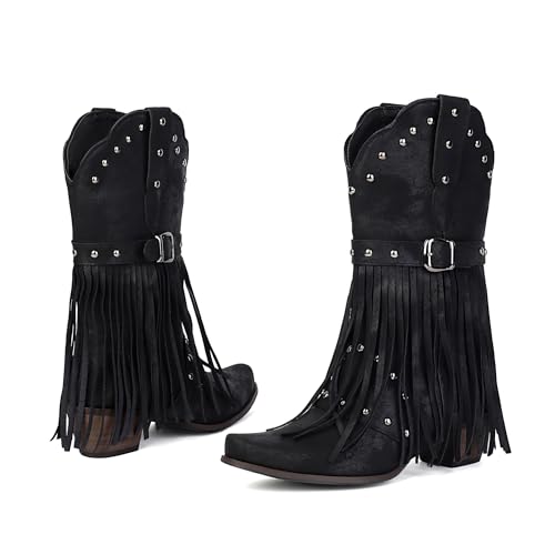 Fringe Cowboy Boots for Women Mid Calf Studded Pointed Toe Western Tassel Cowgirl Boots Women3