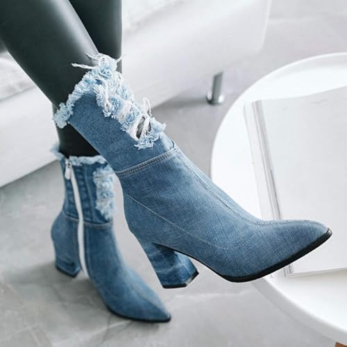 MAVMAX Denim Ankle Boots for Women Pointed Toe Chunky High Heel Jeans Denim Blue Short Mid Calf Booties with Side Zipper4