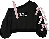 grhaat Kawaii - Sudadera con capucha y hombros descubiertos con lazo y estampado de corazón bordado de Lolita japonesa, M
