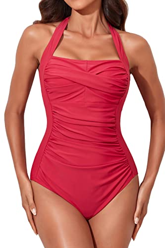 Image of Smismivo Tummy Control Swimwear Halter One Piece Slimming Vintage Retro Swimsuit Womens Ruched Push Up Bathing Suit
