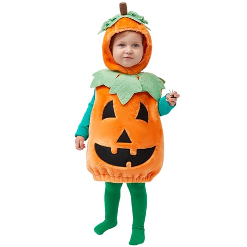 Spooktacular Creations Halloween Kids Pumpkin Costume with Plush Green leaves for Toddler Deluxe Halloween Dress Up, Pumpkin Themed Party (Small (5-7 yrs))
