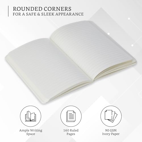 Image of Amazon Brand - Solimo A5 Ruled Notebook | 90 GSM | Flat Lay Binding | Rounded Corners | Flexible Soft Cover | Suitable for Sketching or Doodling, To-do lists & more (160 Pages)