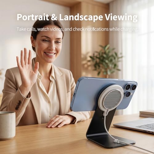 HUAFD Aluminum Stand Compatible with Apple MagSafe Charger 15W /25W, Desktop Charging Dock for iPhone 17/16/15/14/13/12, Portrait and Landscape Viewing, Charger Not Included, Grey — view 4