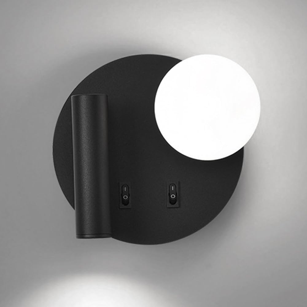 SXECAEPS Round Wall Sconce LED Mount Reading Light Bedside Lamp With Switch Globe Glass Sconces Bedroom Headboard Lights for Living Room Hotel Bed Read