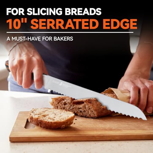 Image of TUO Bread Knife, 10 inch Upgraded Serrated Knife for Homemade Sourdough Bread, High Carbon German Steel with Pakkawood Handle, Gift Box - Fiery Phoenix Series