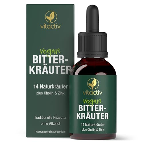 VITACTIV Bitterkräuter - Bittertropfen ohne Alkohol - Erlesene Kräuter plus Cholin & Zink - Bitterstoffe Tropfen nach Hildegard von Bingen - Ohne Künstliche Zusätze Zuckerfrei Vegan - 50ml
