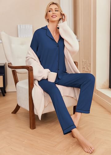 Image of Ekouaer Pajamas Women's Long Sleeve Sleepwear Soft Button Down Loungewear Pjs Lounge Set Nightwear XS-XXL