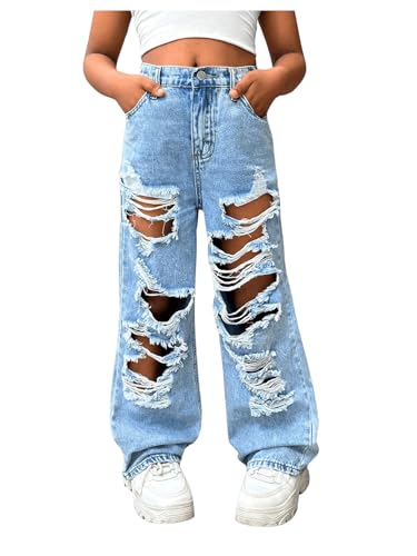 Floerns Girl's Distressed Jeans Baggy Wide Straight Leg Y2k Ripped Denim Pants