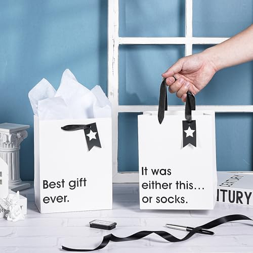 Image of Loveinside Christmas Medium Size Gift Bags Set, Funny Quirky Design with Bold Black Text Pattern with Tissue Paper Perfect for Shopping, Parties, Birthday, Holiday, 4 Pack, 7 inch X 4 inch X 9 inch