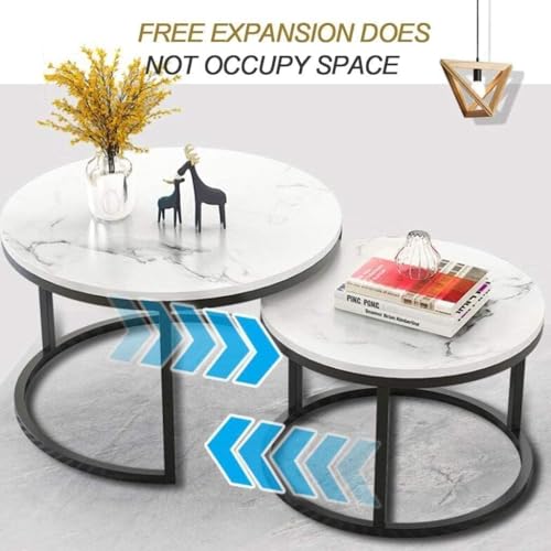 Image of Furniture Cafe Round Nesting Coffee Table Set of 2 - White Marble Finish with Black Metal Frame for Living Room