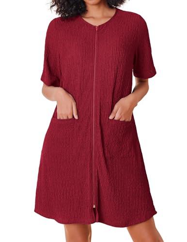 Ekouaer Women Zipper Robes Knit Short Bathrobe Lightweight House Coat with Pockets Soft Nightgown S-XXL