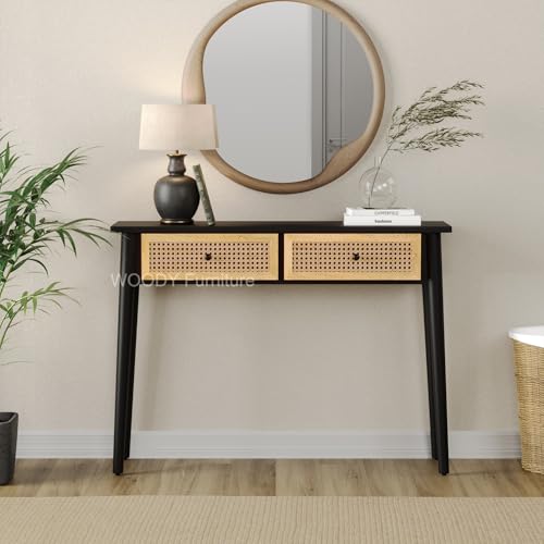 Image of WOODY Furniture Console Table with Storage | Solid Mango Wood Entryway Table for Living Room, Hallway & Bedroom | Foyer Desk (Black)