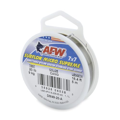 Image of American Fishing Wire Surflon Micro Supreme Nylon Coated 7x7 Stainless Steel Leader Wire, Camo Brown Color, 20 Pound Test, 5-Meter