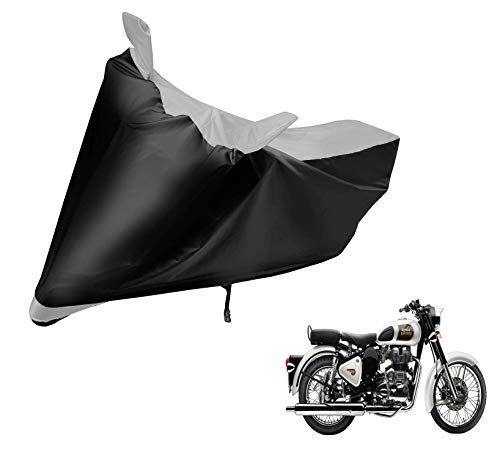 Image of Auto Hub Bike Cover Compatible with RE Classic 350 with Mirror Pocket, Dustproof, Heat Resistant, Triple Stitched, Classic 350 Bike Cover- Black, Silver