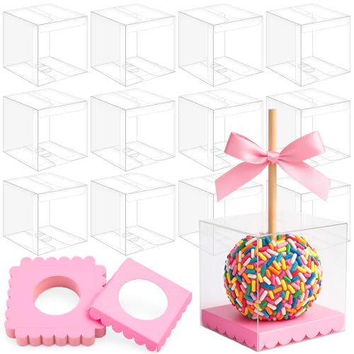 Weysat 50 Pcs Candy Apple Box with Hole Top and Pink Base Clear Pet Caramel Apples Gift Boxes with Cardboard Inserts Cake Chocolate Circle Tray for Birthday Wedding Party Baby Shower 4 x 4 x 4
