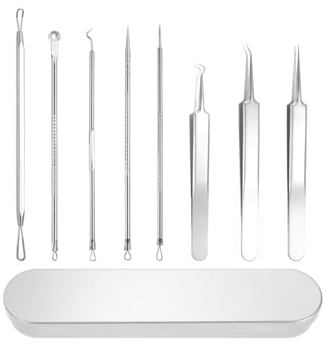Juego de 8 herramientas para eliminar espinillas, de acero inoxidable, con caja de almacenamiento, suave para el cuidado facial, acné y espinillas