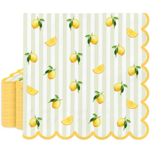 JarThenaAMCS 100 Pcs Lemon Paper Napkin Watercolor Striped Scalloped Disposable Luncheon Napkins Decorative Dinner Napkin for Holiday Summer Party Tableware Supplies