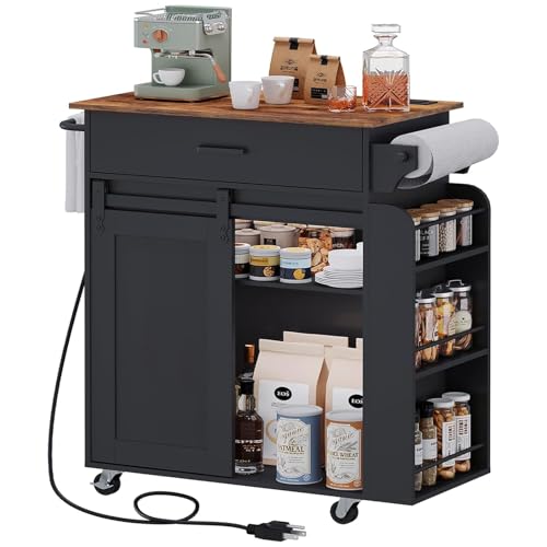 YATINEY Kitchen Island with Storage, Kitchen Storage Cabinets with Charging Station, Kitchen Island on Wheels, Rolling Island Table with Sliding Cabinet Door, Black and Rustic Brown ZD01UBR