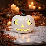 Halloween White Ceramic Pumpkin LED Lighted Jack O Lantern Battery Operated Decorative Lantern for Tabletop Mantel Entryway Spooky Indoor Halloween Decor