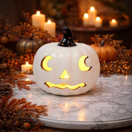 Halloween White Ceramic Pumpkin LED Lighted Jack O Lantern Battery