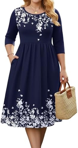 IN'VOLAND Plus Size Womens Summer Short Sleeve Dresses Casual Floral T-Shirt Dress Flowy Beach Sundress with Pockets, Blue Floral, 2X