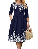 IN'VOLAND Plus Size Womens Dresses Casual 3/4 Length Sleeve T-Shirt Dress Ladies Summer Floral Long Dress with Pockets