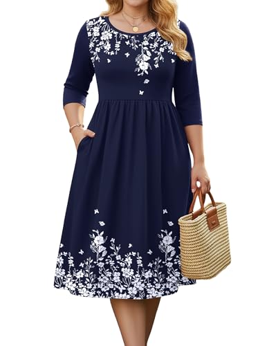 IN'VOLAND Plus Size Womens Dresses Casual 3/4 Length Sleeve T-Shirt Dress Ladies Summer Floral Long Dress with Pockets