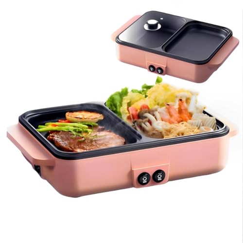 Topyond 1200W Fondue Electrique et BBQ Grill,Hot Pot Intérieur Électrique,Barbecue de Table,Grill Coréen Électrique Double Usage, Hotpot Pour 2 Personnes,220 V 180°,Pour La Maison,Dortoir
